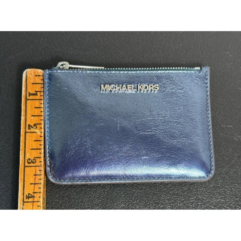 Michael Kors Jet Set Blue Metallic Leather Card Holder Zipper Pouch‎ Key Ring